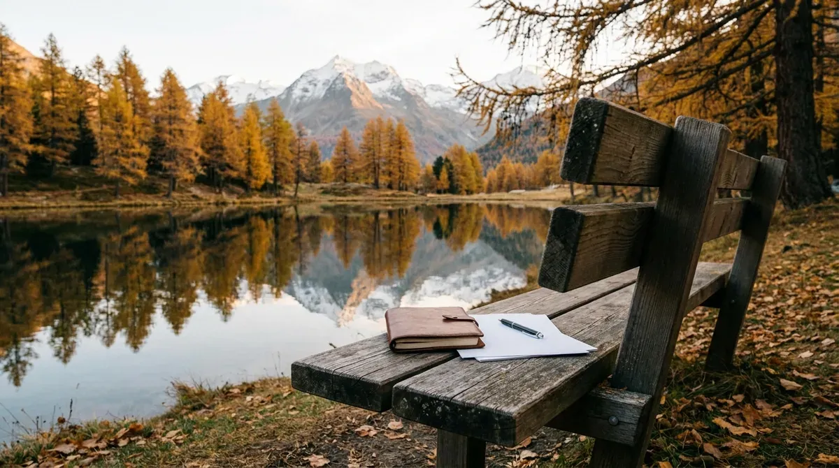 Banc en bois face à un lac de montagne suisse en automne, avec un carnet fermé, une feuille et un stylo posés sur l'assise