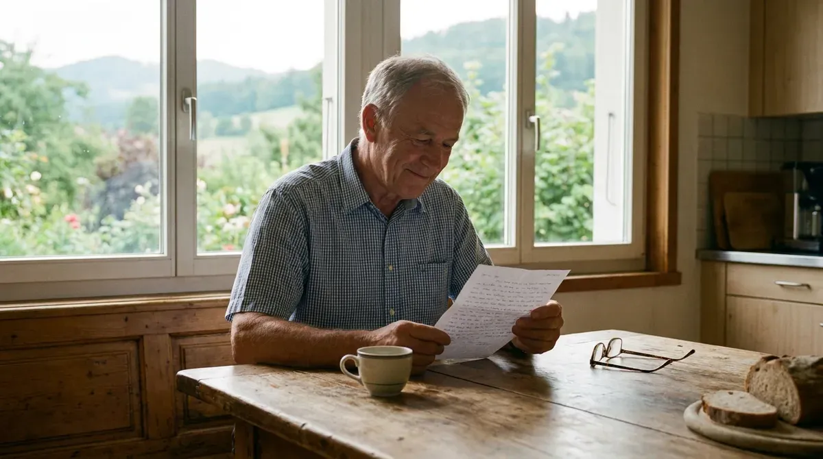 Homme d'une soixantaine d'années lisant un courrier à la table de sa cuisine, en Suisse, à la fin de l'été