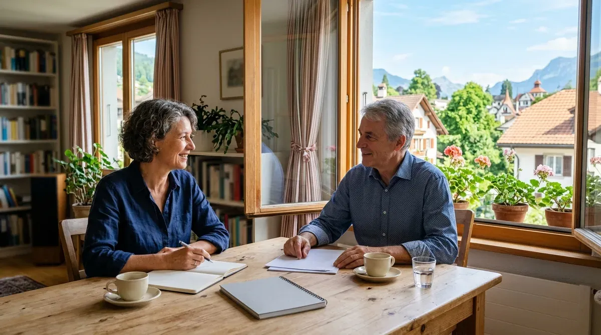Couple attablé dans un salon lumineux en Suisse, documents de prévoyance posés devant eux