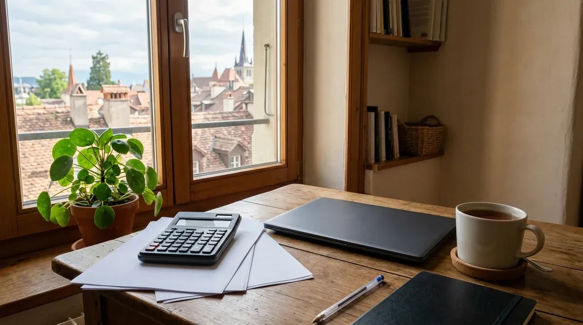 Calculatrice et documents de prévoyance posés sur un bureau devant un ordinateur portable