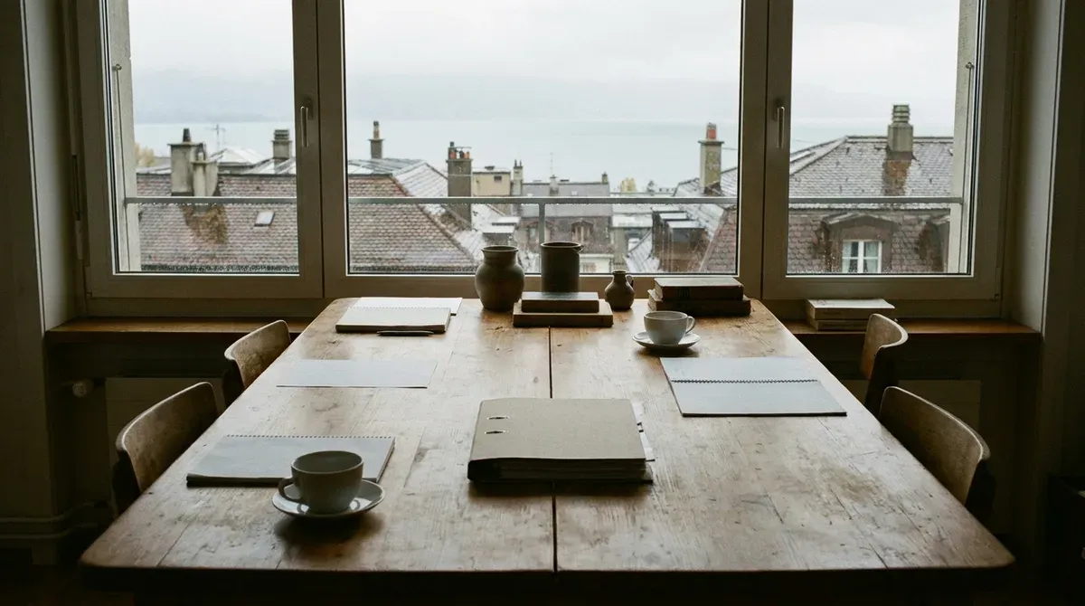 Longue table de cuisine en bois avec une tasse de café à chaque bout et un dossier fermé au centre, fenêtre sur des toits mouillés