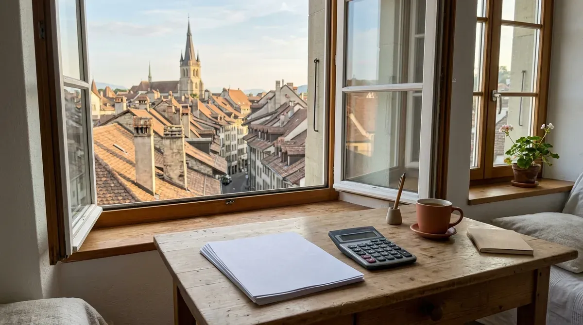 Documents de prévoyance et calculatrice posés sur un bureau, vue sur les toits d'une vieille ville romande