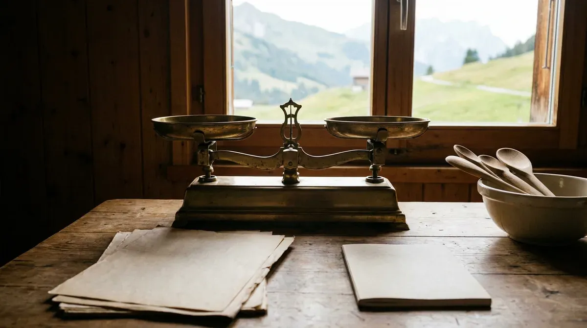 Balance ancienne en laiton à deux plateaux vides posée sur une table en bois dans une cuisine de chalet suisse