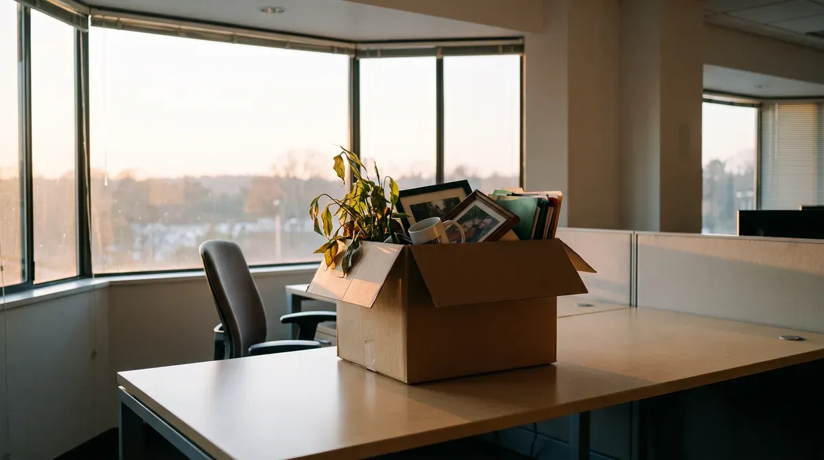 Carton de déménagement de bureau posé sur un bureau vide, dans des locaux professionnels suisses