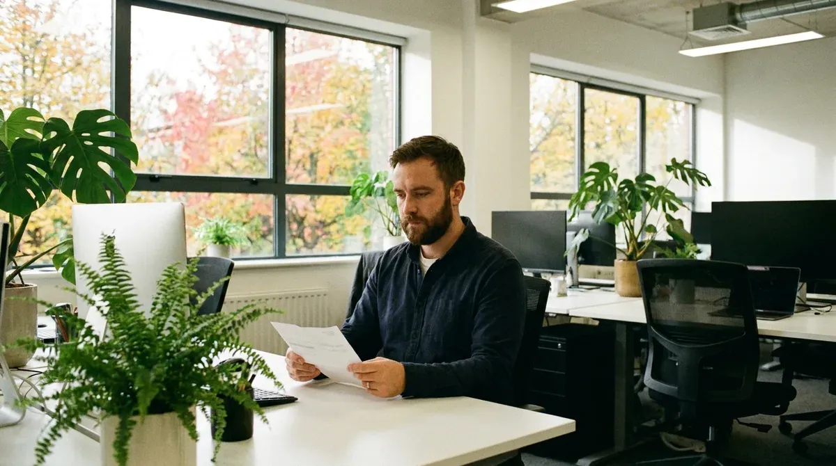 Employé consultant sa fiche de salaire à son bureau, dans une entreprise suisse