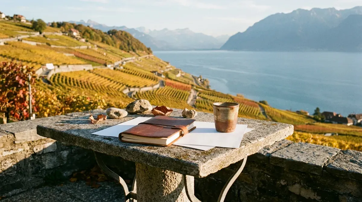 Table en pierre sur une terrasse au-dessus des vignes en terrasses de Lavaux, carnet fermé et tasse, lac Léman en contrebas