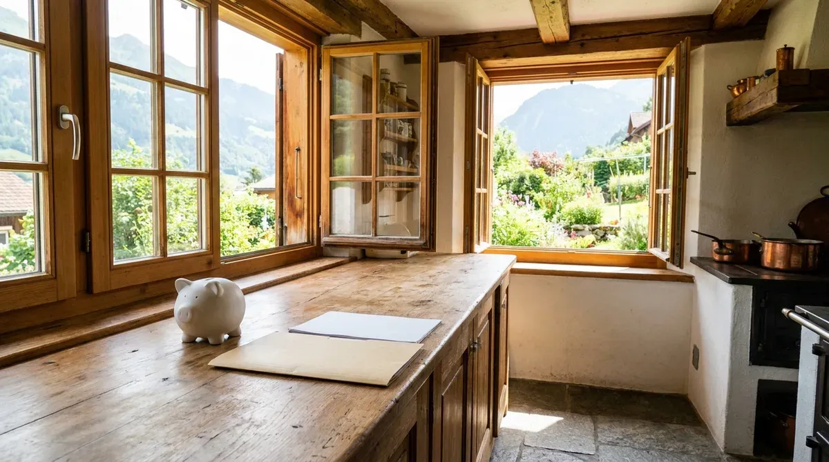 Tirelire en céramique blanche posée sur le plan de travail d'une cuisine lumineuse, près d'un dossier fermé et d'une fenêtre ouverte sur un jardin