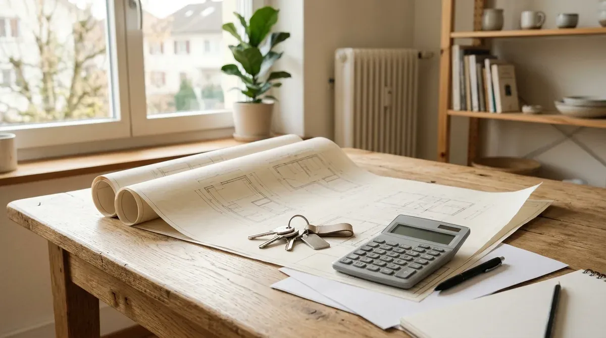 Plans de construction et clés posés sur une table à côté de documents de prévoyance dans un appartement suisse