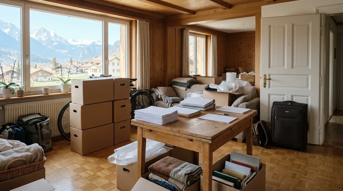 Cartons de déménagement et documents de prévoyance posés sur une table dans un appartement suisse