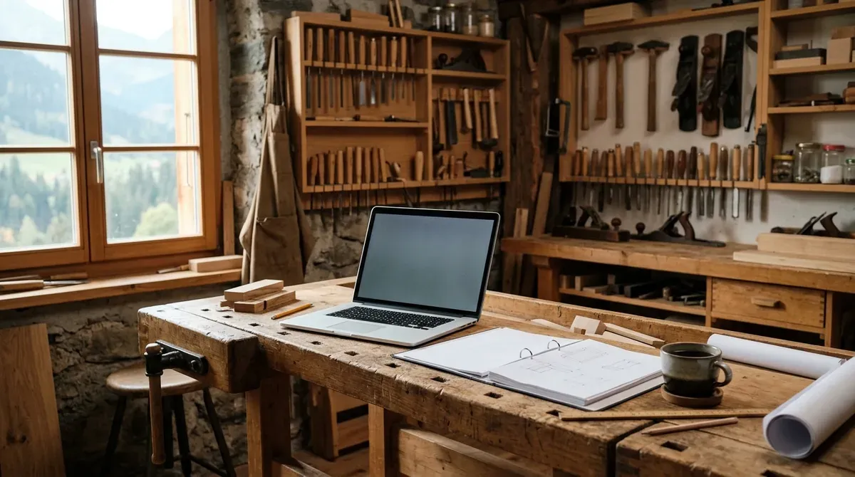 Atelier d'un artisan indépendant avec un établi rangé, un classeur de documents et un ordinateur portable