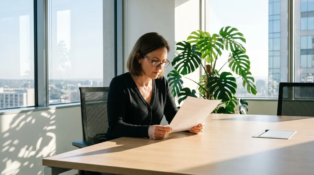 Employée de bureau consultant un document de prévoyance à son poste de travail, dans un immeuble suisse