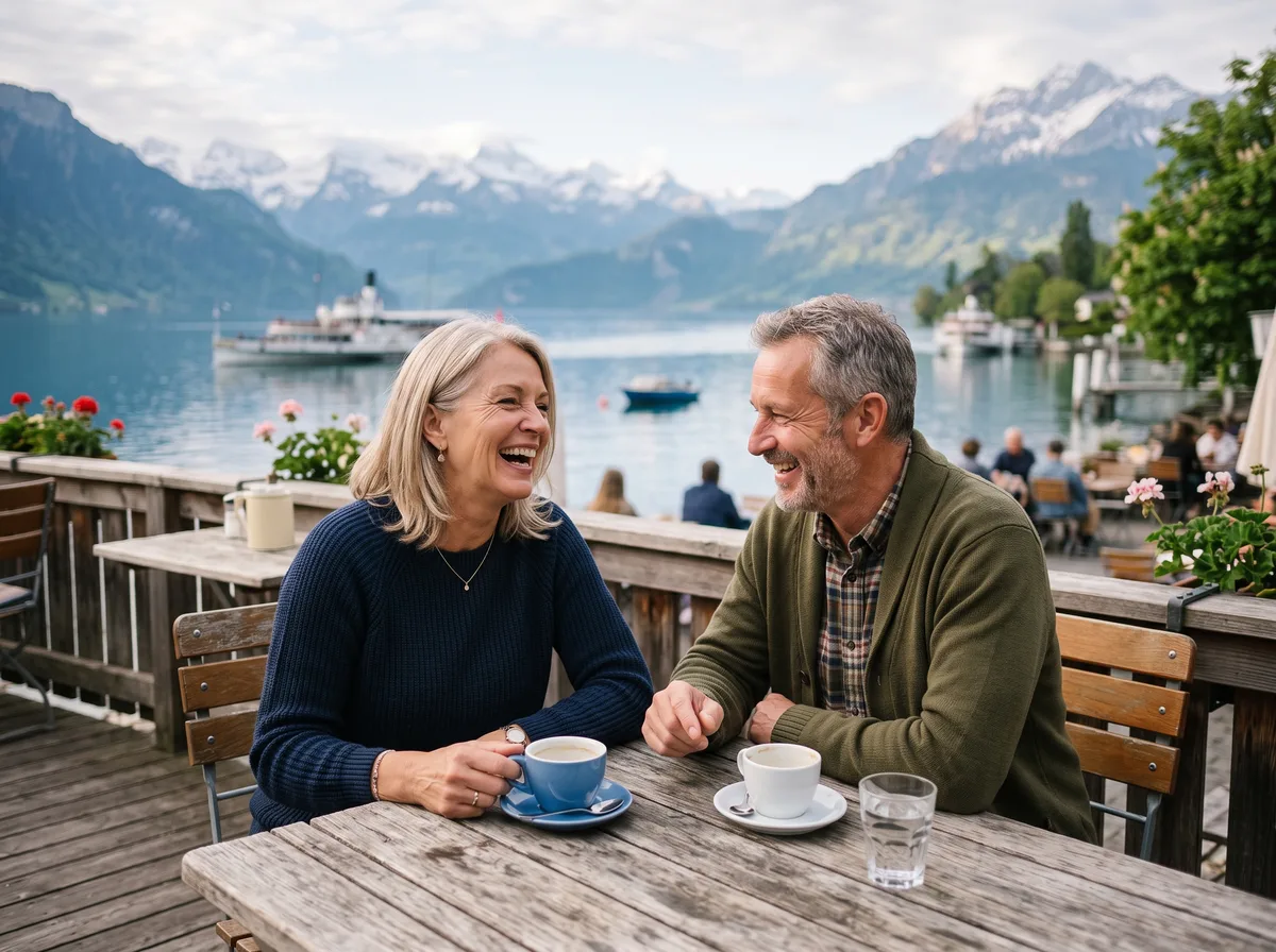 Un couple de cinquantenaires rit sur une terrasse au bord d'un lac suisse